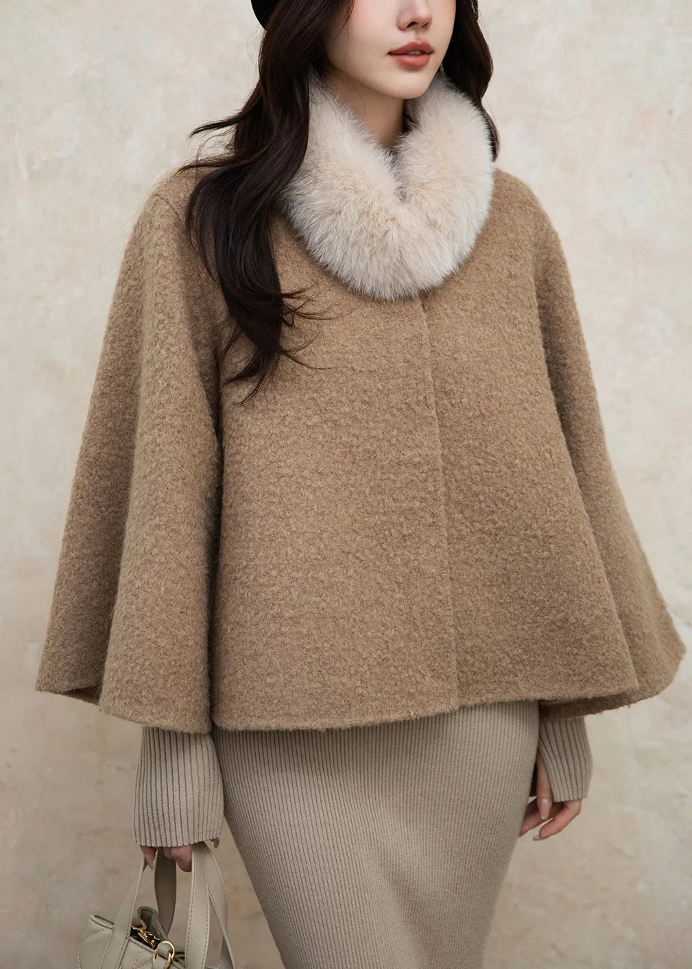 Loose Brown Fox Collar Button Woolen Coats Winter