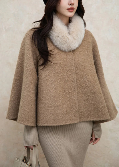 Loose Brown Fox Collar Button Woolen Coats Winter