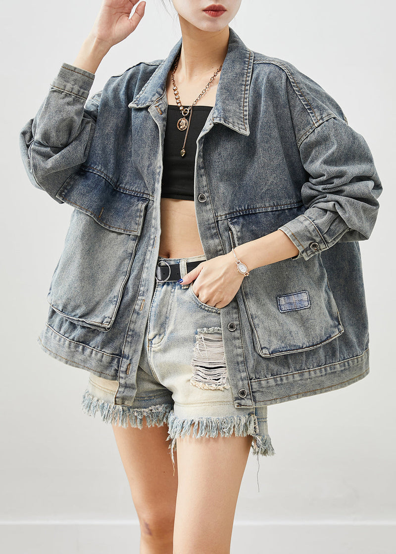 Blue Oversized Pockets Applique Denim Coats Fall