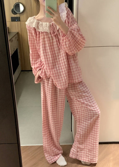 Art Pink Plaid Lace Patchwork Cotton Pajamas Two Pieces Set Fall