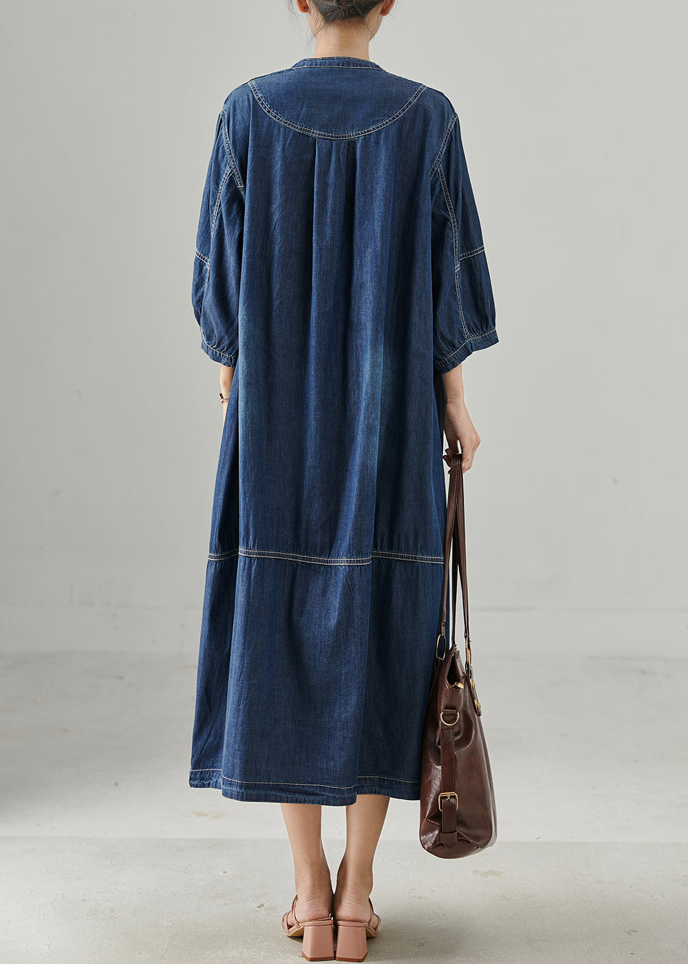 Navy Oversized Chinese Button Denim Dress Bracelet Sleeve Spring