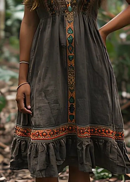 V Neck Print Wrinkled Cotton Spaghetti Strap Dress Summer