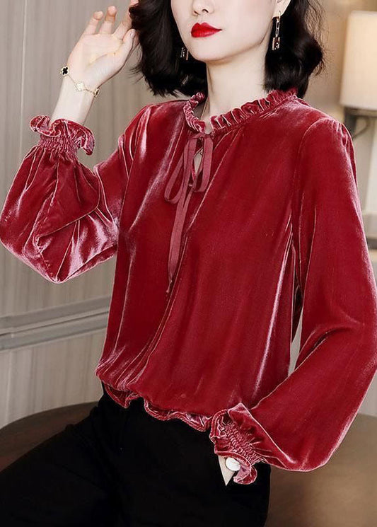 Fine Red Ruffled Lace Up Silk Velour Shirts Long Sleeve