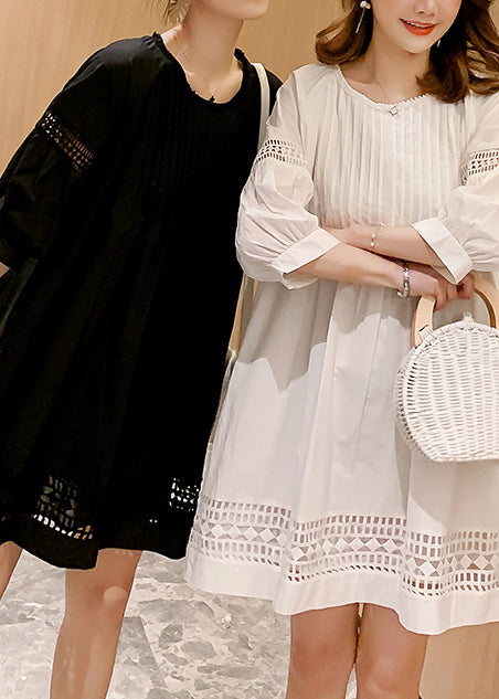 Loose White O-neck Wrinkled Hollow Out Mid Dress Fall