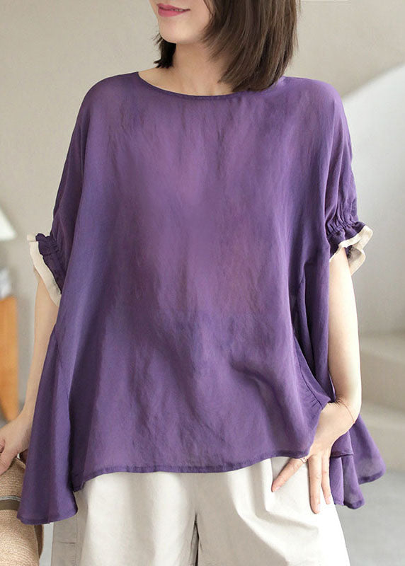 Purple O-neck Patchwork Ruffled Fall Shirt Half Sleeve