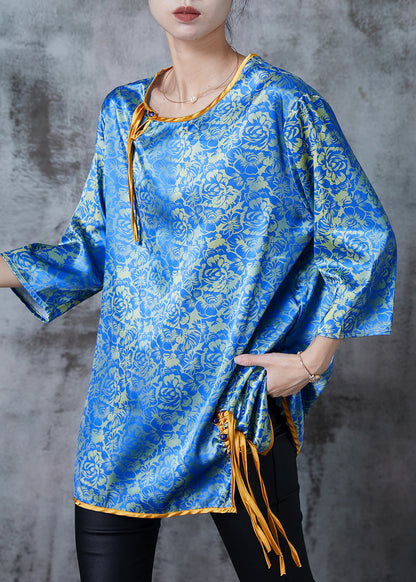 Blue Tasseled Print Silk Blouses Bracelet Sleeve