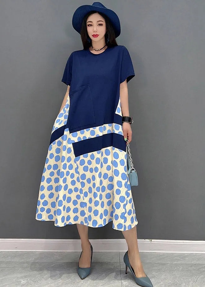 Natural Blue O-neck Patchwork Long Dress Short Sleeve