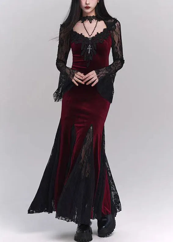 Black Hollow Out Lace Patchwork Silk Velvet Maxi Dresses Flare Sleeve