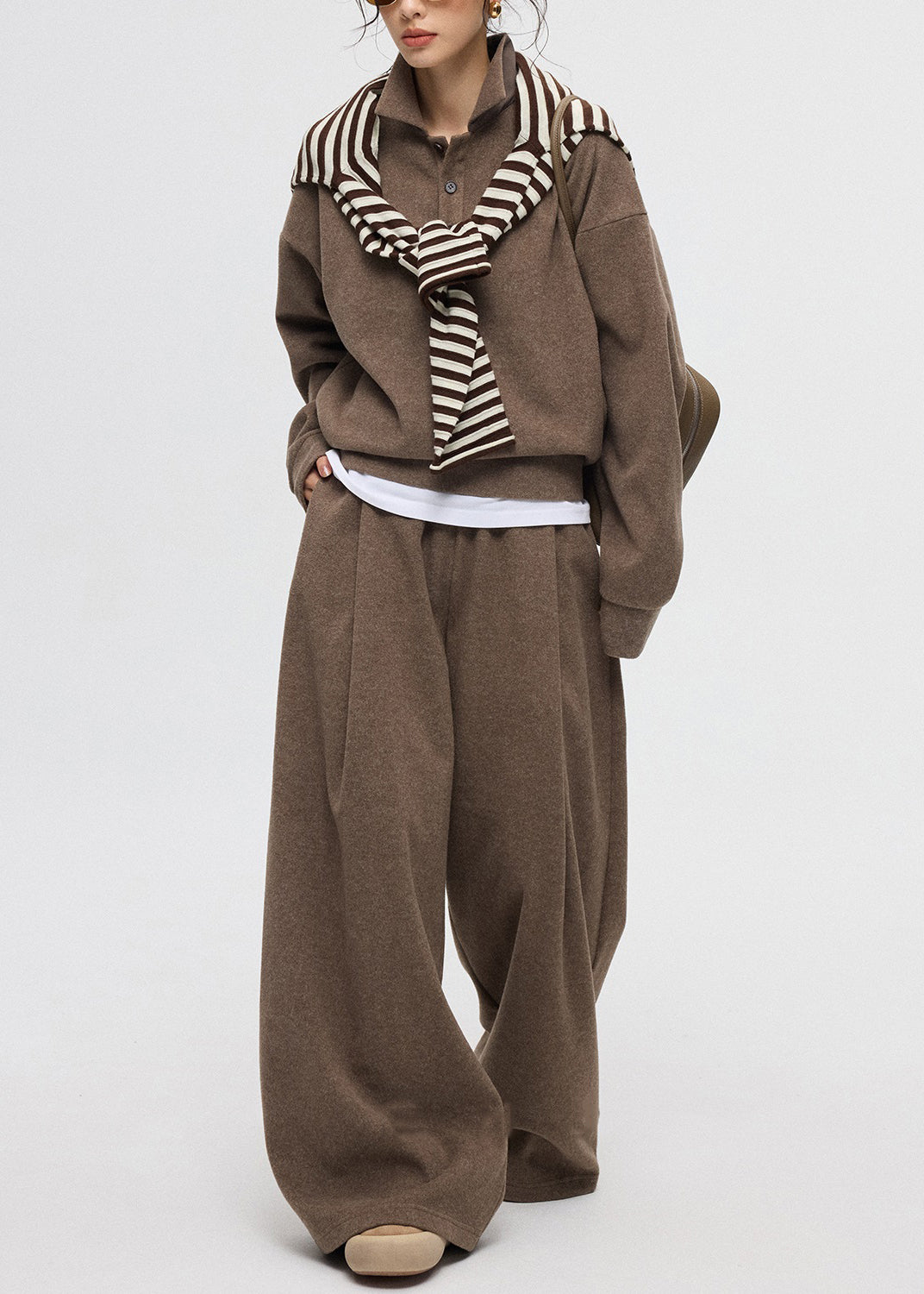 Coffee Peter Pan Collar Button Cashmere Two Piece Set Winter