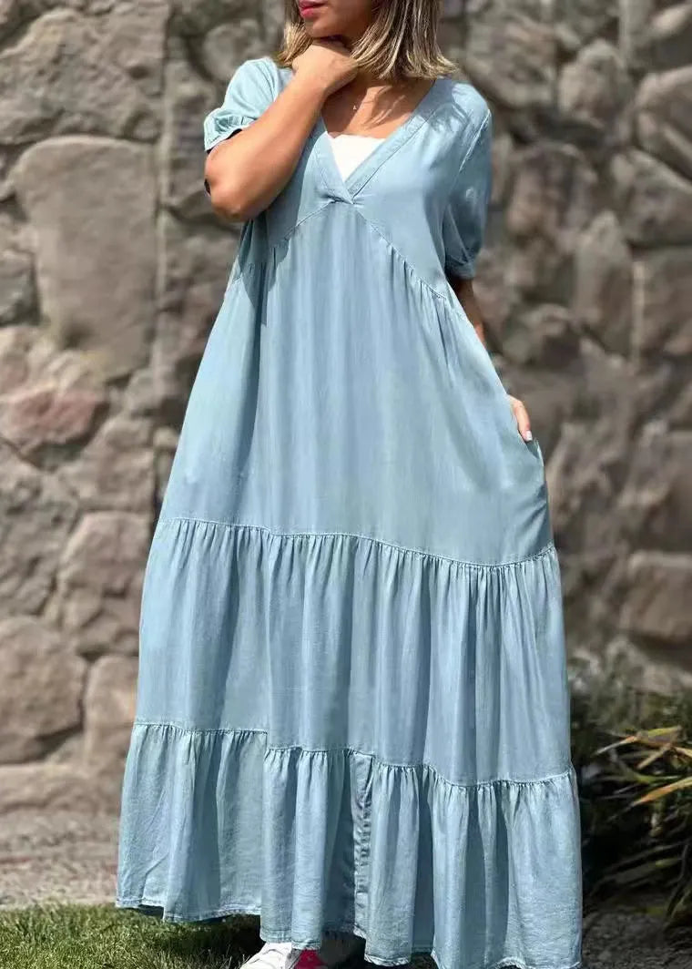Natural Blue Oversized Patchwork Cotton Maxi Dresses Summer