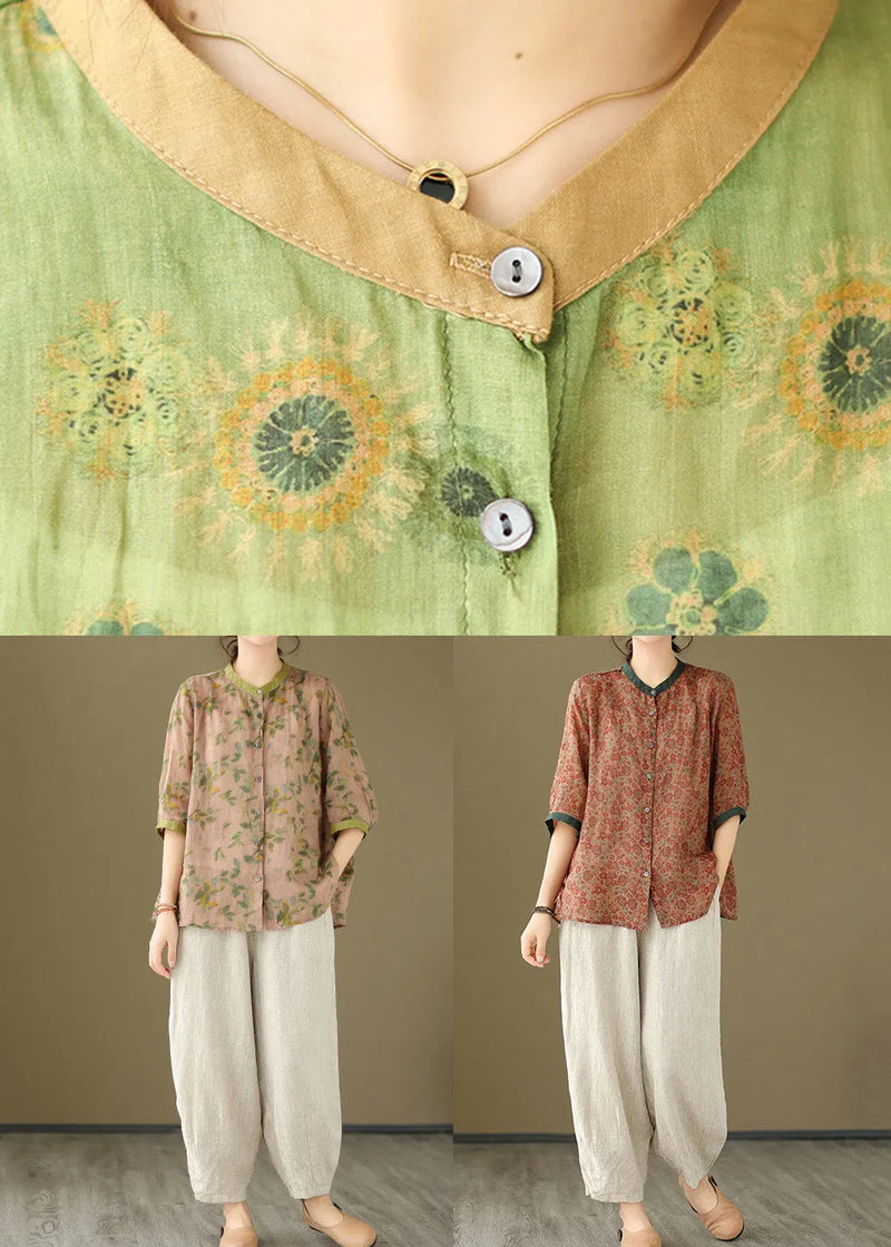 Red Print Elastic Waist Cotton Two Pieces Set O Neck Spring