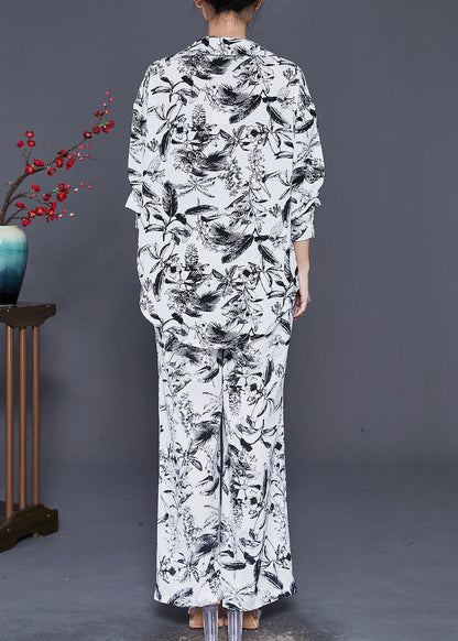 Style White Oriental Tasseled Print Cotton Two Pieces Set Spring