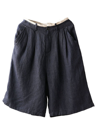 Navy Elastic Waist Pockets Linen Straight Pants Shorts Summer