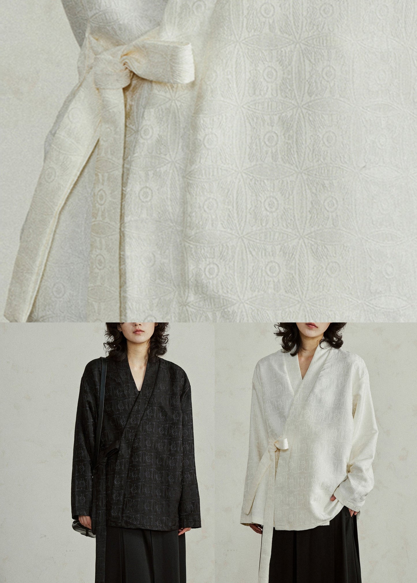 Jacquard Beige V Neck Top Long Sleeve