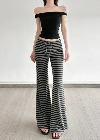 Silm Fit Grey Striped Cotton Bell-bottom Trousers Fall