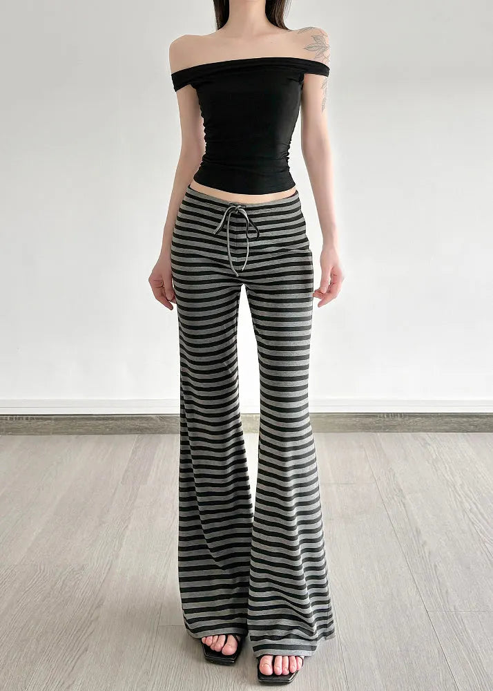 Silm Fit Grey Striped Cotton Bell-bottom Trousers Fall