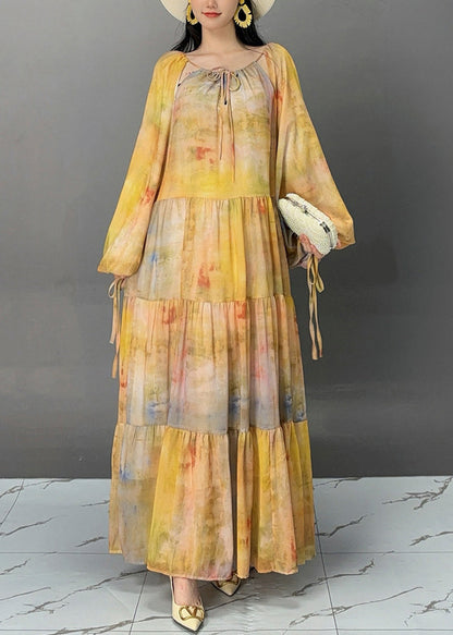 Yellow Lace Up Patchwork Cotton Maxi Dresses Fall