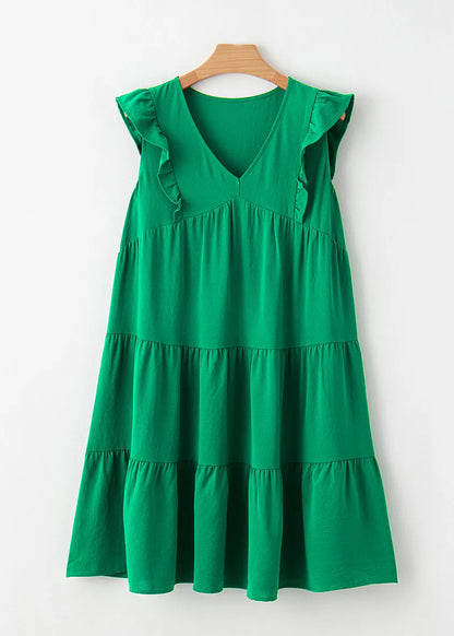 Loose Green V Neck Patchwork Mid Dresses Summe