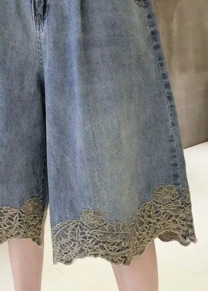 Blue High Waist Lace Patchwork Denim Shorts Summer