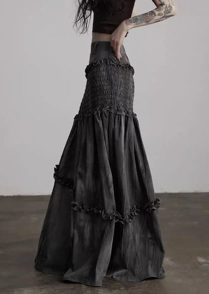 French Grey Ruffled Patchwork Cotton Wraped Skirts Spring