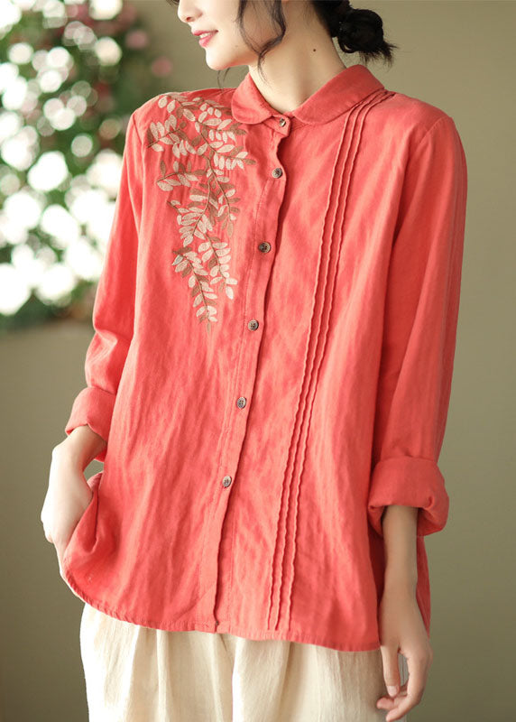 White Peter Pan Collar Embroideried Cotton Blouse Top Spring