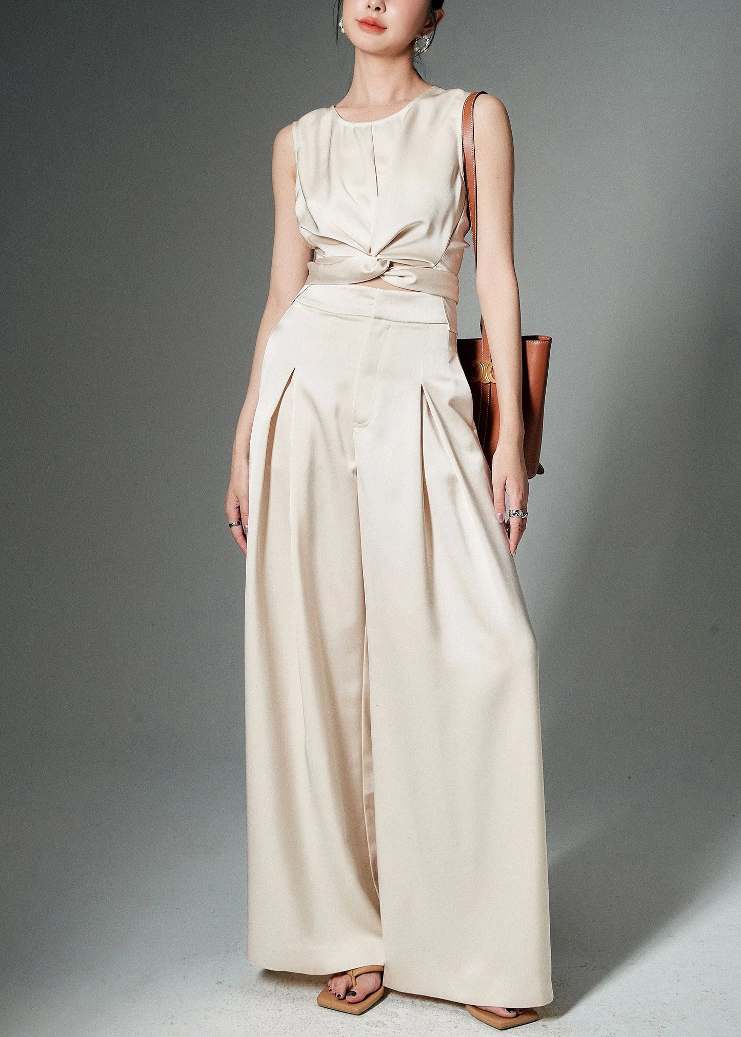 Beige Front Open Tops and Pants Silk Two Pieces Set Sleeveless