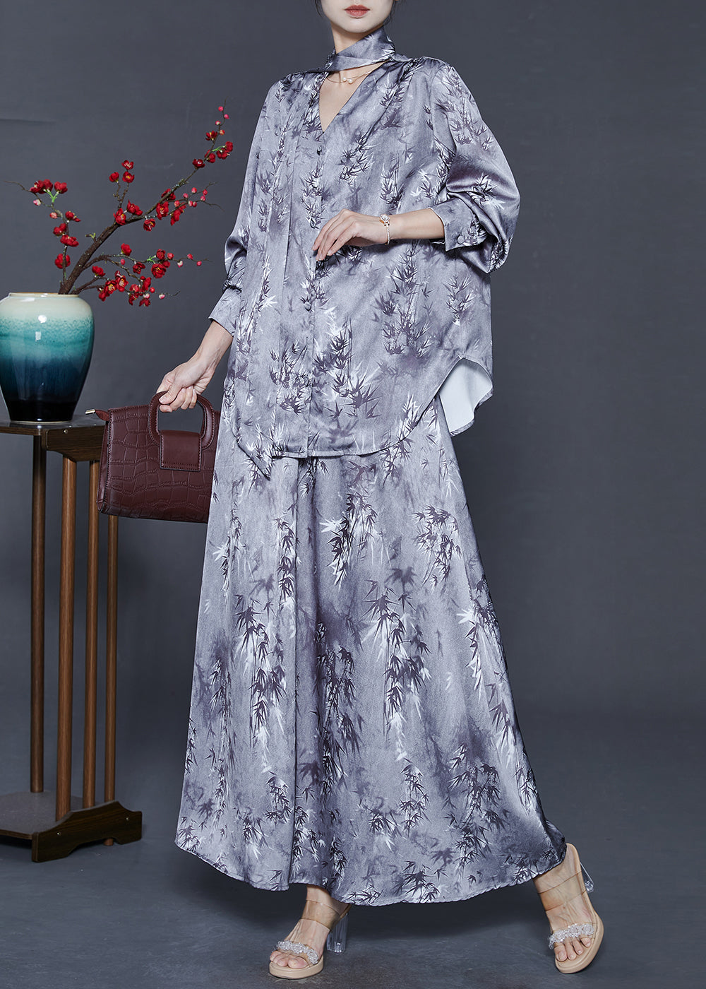Style Grey V Neck Print Silk Two Piece Set Clothing Fall