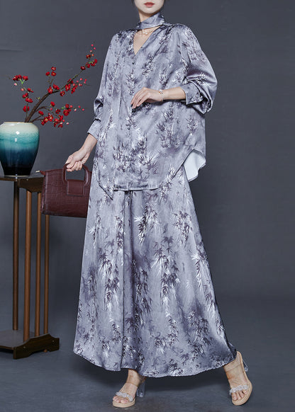 Style Grey V Neck Print Silk Two Piece Set Clothing Fall