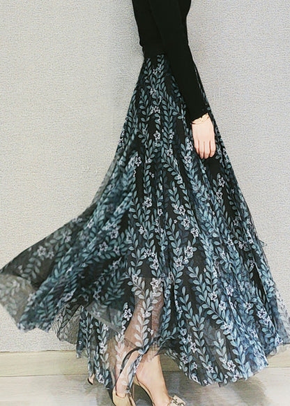 Dull Green Print Elastic Waist Tulle Maxi Skirts Spring