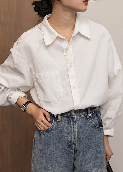 French Caramel Button Pockets Patchwork Cotton Blouse Fall