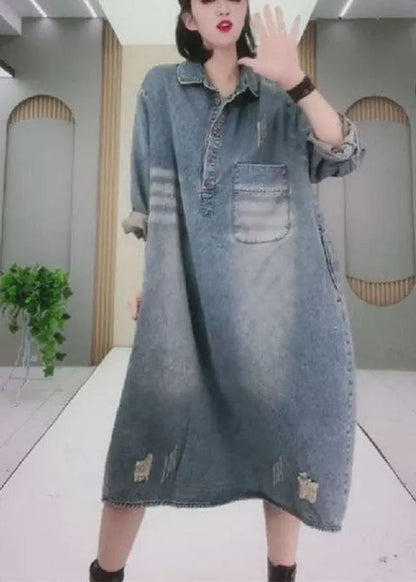 Natural Blue Peterpan Collar Button Pockets Hole Fall Long Sleeve Denim Party Dress