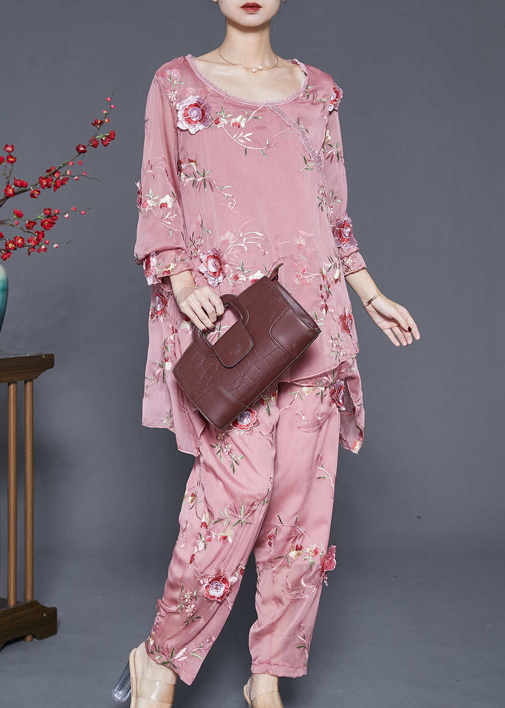 Simple Pink Asymmetrical Design Embroidered Silk Two Pieces Set Spring
