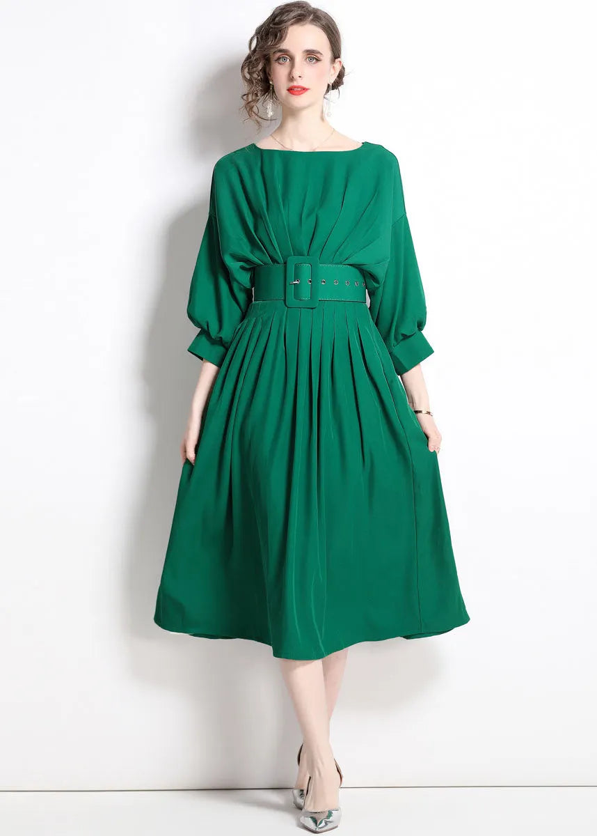 Boutique Green Color Sashes Chiffon Pleated Dress Batwing Sleeve