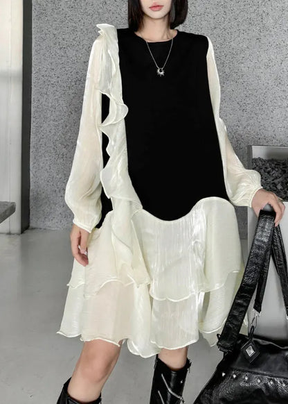 Apricot Ruffled Organza Patchwork Cotton Dress Fall