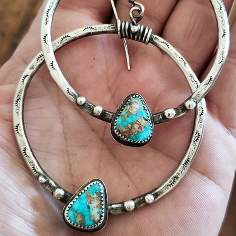 Wisherryy Turquoise Carved Ring Earrings