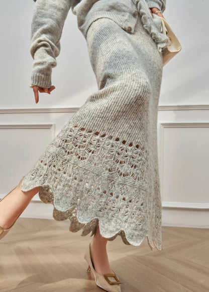 Grey Ruffled Hollow Out Knit Two Piece Set Winter