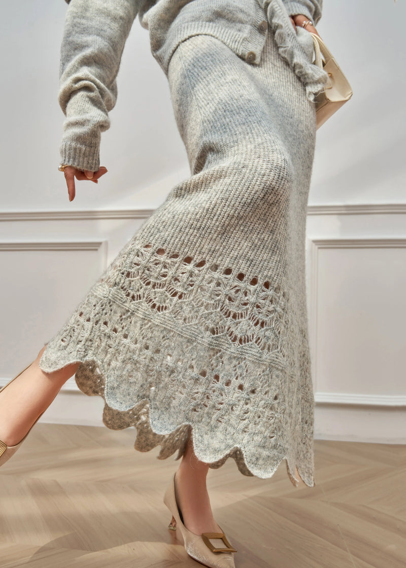 Grey Ruffled Hollow Out Knit Two Piece Set Winter