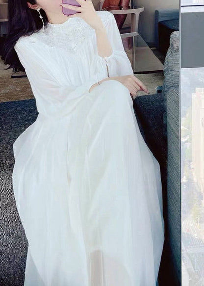 Fitted White O-neck Embroideried Sequined Silk Maxi Dress Long Sleeve