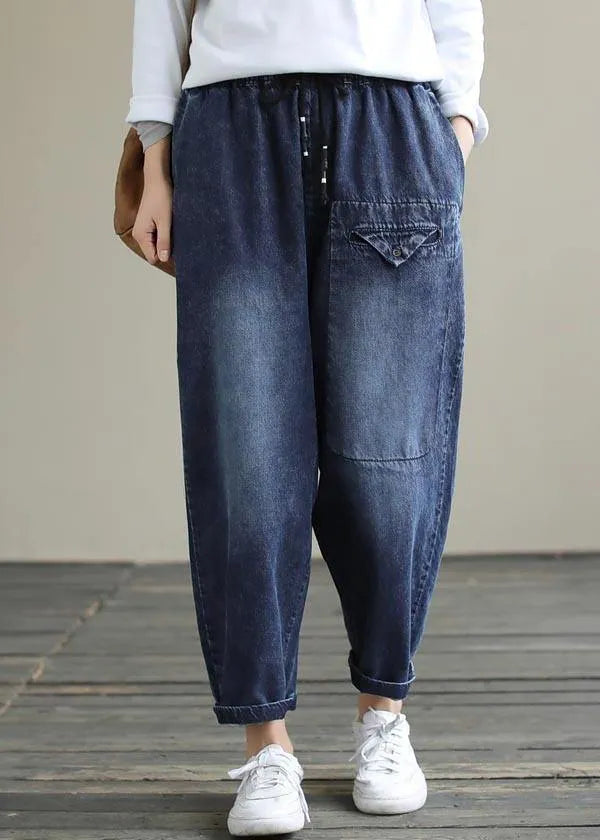 Denim Blue High Waist Loose Spring Cinched Work Outfits Wild Trousers