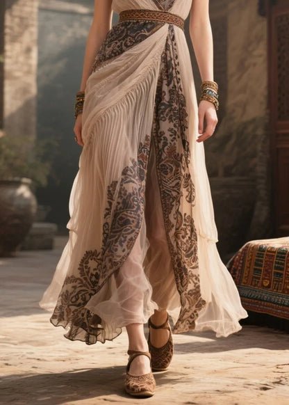 Apricot V Neck Print Chiffon Cami Dress Summer