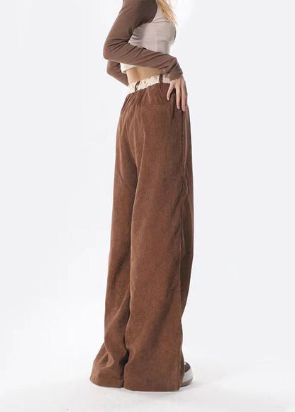 Style Brown Pockets Corduroy Wide Leg Pants Spring