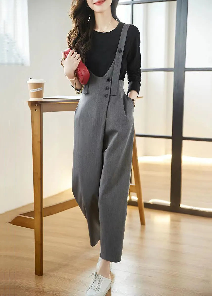 Grey Pockets High Waist Patchwork Cotton Jumpsuits Fall