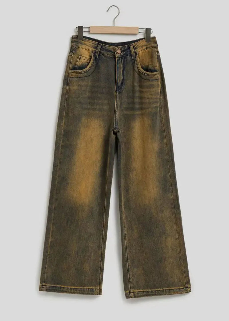 Patchwork High Waist Straight Denim Pants Fall
