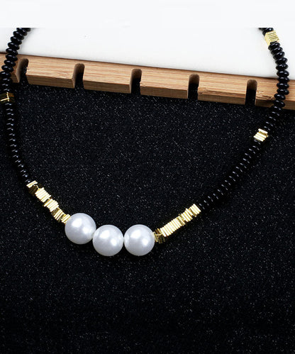 Black Alloy Pearl Beading Gratuated Bead Necklace