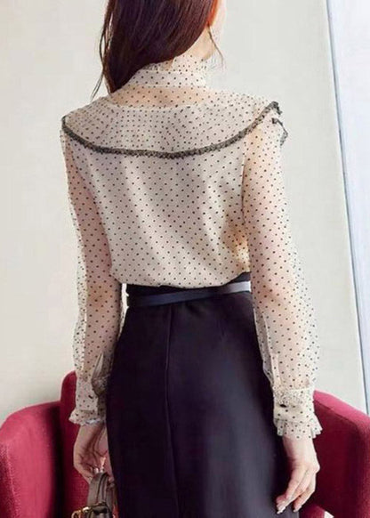 Apricot Stand Collar Ruffles Button Dot Chiffon Shirt Spring