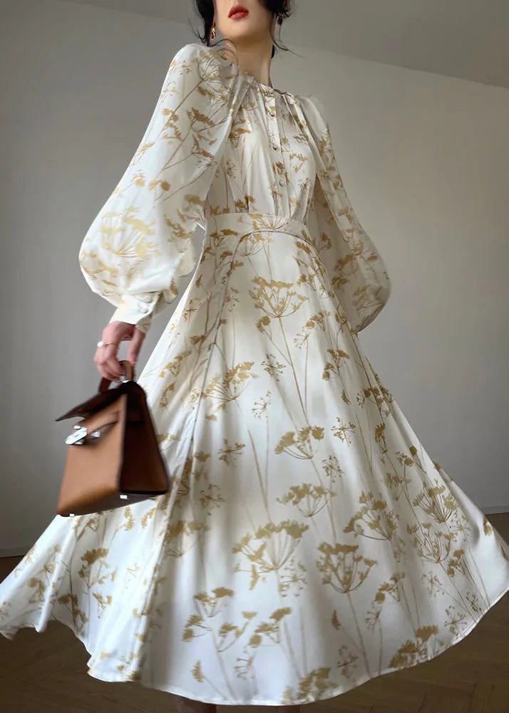 Classy White O-neck Print Silk Chiffon Top and Skirts Two Pieces Set Fall