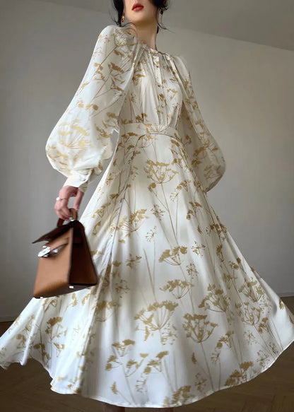 Classy White O-neck Print Silk Chiffon Top and Skirts Two Pieces Set Fall