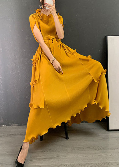 Yellow O-neck Ruffled Tie Waist Long Dresses Short Sleeve