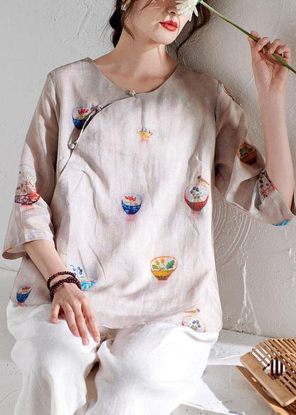 Beige Patchwork Print Button Summer Ramie Top