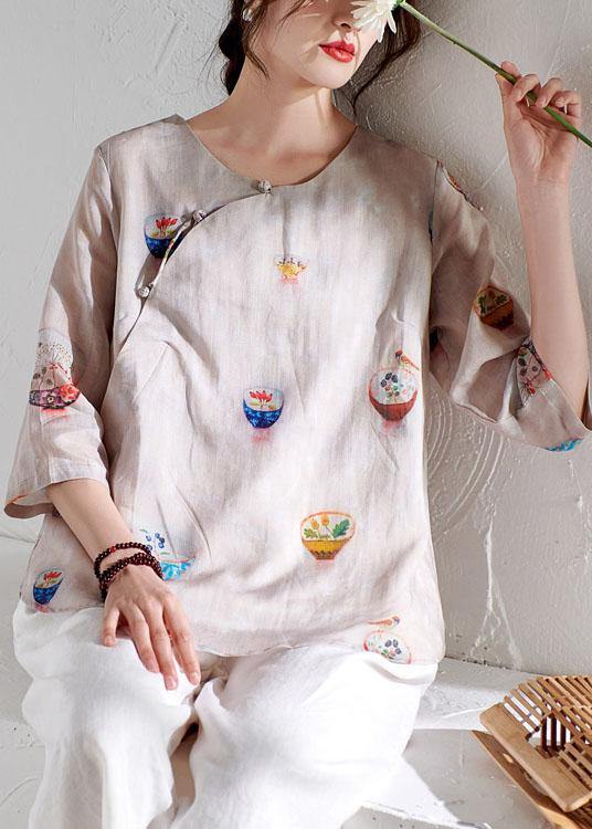 Beige Patchwork Print Button Summer Ramie Top